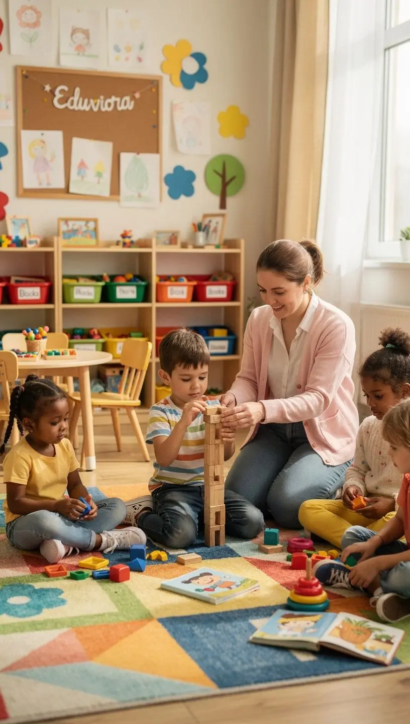 Uśmiechnięte dzieci bawiące się w grupie, uczące się współpracy i komunikacji.