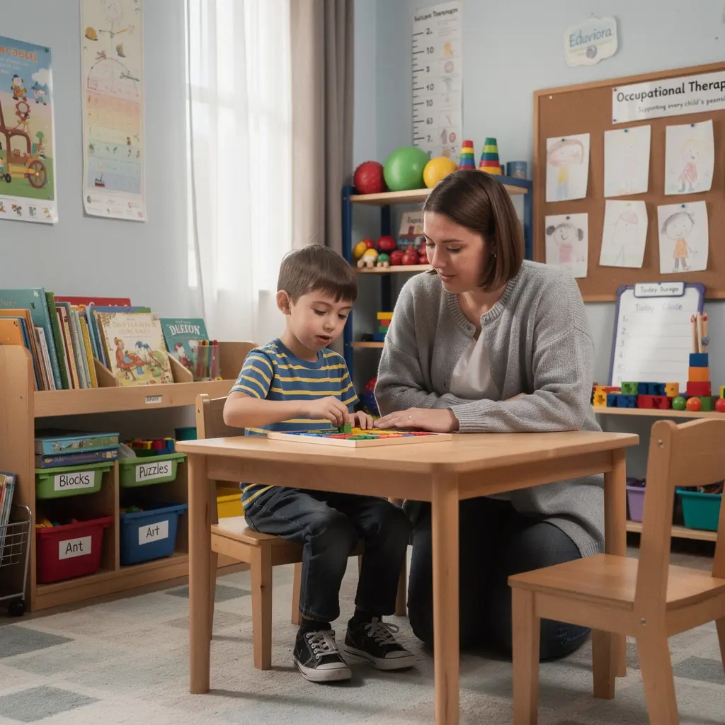 Rodzice rozmawiający z koordynatorem usług, planujący wsparcie dla swojego dziecka.